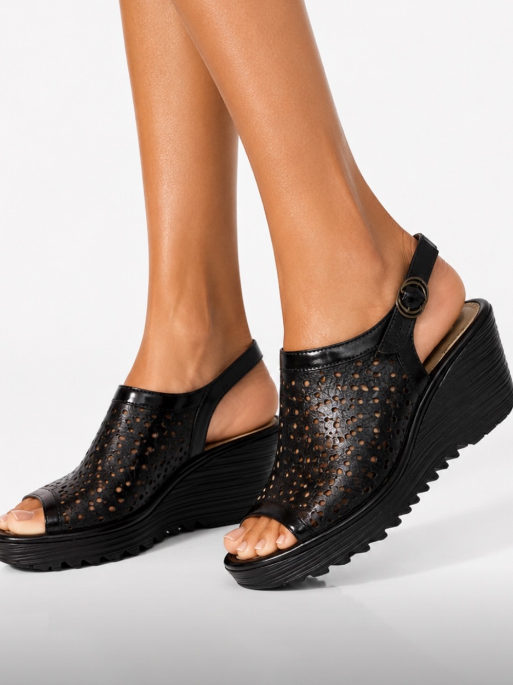 FLY LONDON Black Perforated Leather Slingback Wedge Buckle Sandals Size EU37